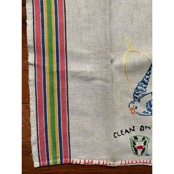 Vintage Clean on Friday Hand Embroidered Bird on Swing Hand Towel - Picture 4 of 8